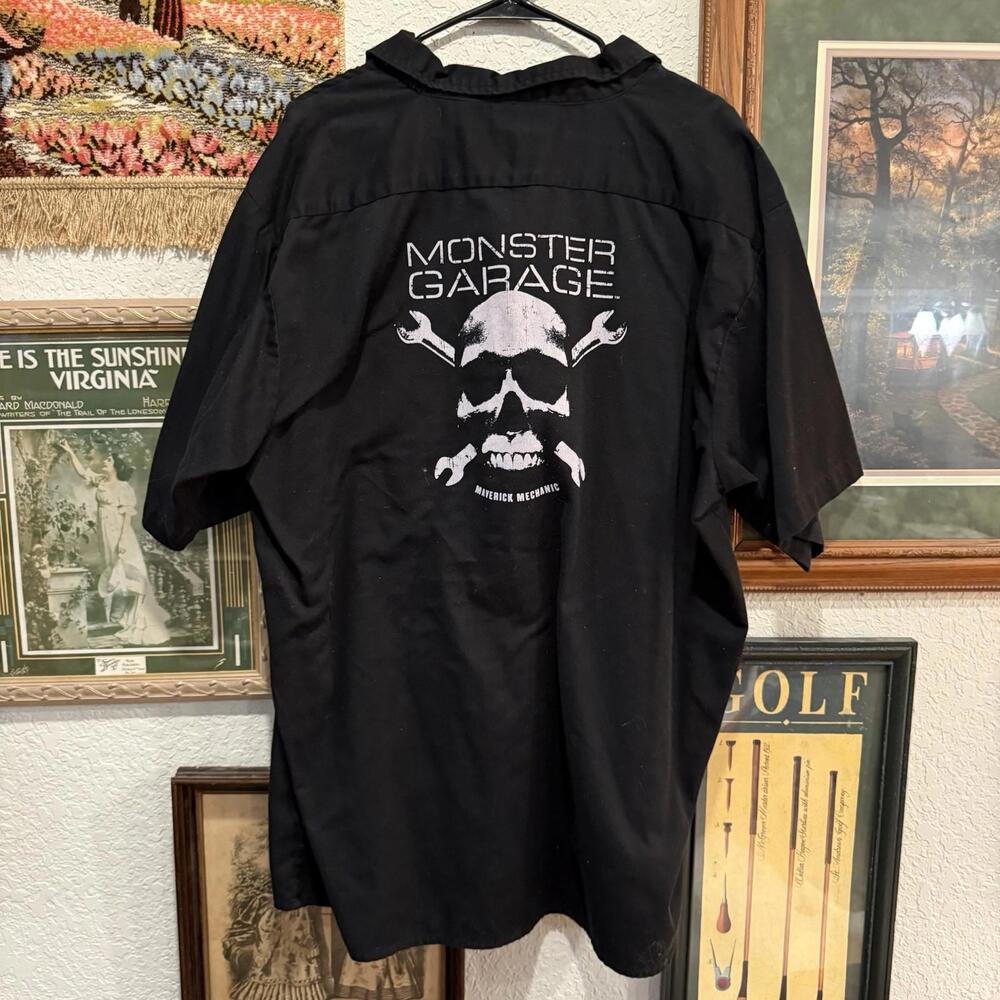 Monster Garage Patch Maverick Mechanic Skull Double Sided Button Shirt Mens 2XL